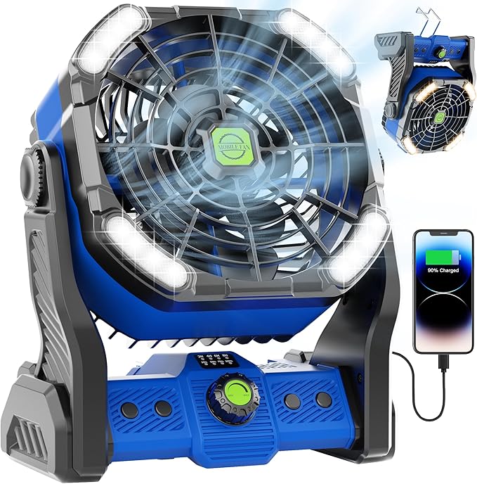 20000mAh Battery Powered Fan Rechargeable,Portable Fan for Travel Battery Operated with LED Lantern,270ยฐRotation,USB Personal Fans Camping Essentials Gear Tent Cordless Battery Fans Portable X26 Blue