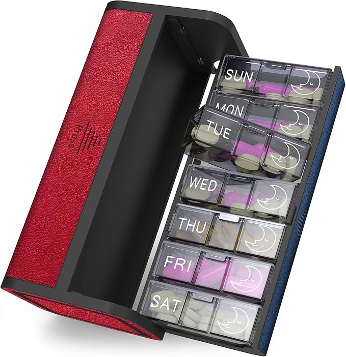 Pill Organizer 2 Times a Day, Am Pm Twice Daily Pill Case, Detachable Large Travel Pill Box 7 Day, Weekly Pill Container for Vitamin Medicine Supplement Fish Oil (Red and Blue)