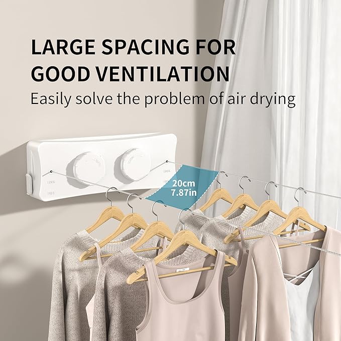 JOOM Retractable Clothesline Heavy Duty Clothes Drying Laundry Line Wall Mounted Easy Hanging Clothes Drying Laundry Line Retracting Hanging Lock to Prevent Sagging (Two line,White)