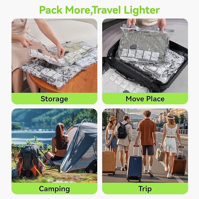 Vacuum Bags for Travel with USB and TYPE C Pump, 15 Pack Carry-on Size Compression Packing Bags for Luggage and Suitcase, Space Saver for Clothes and Clothing Travel(Green)