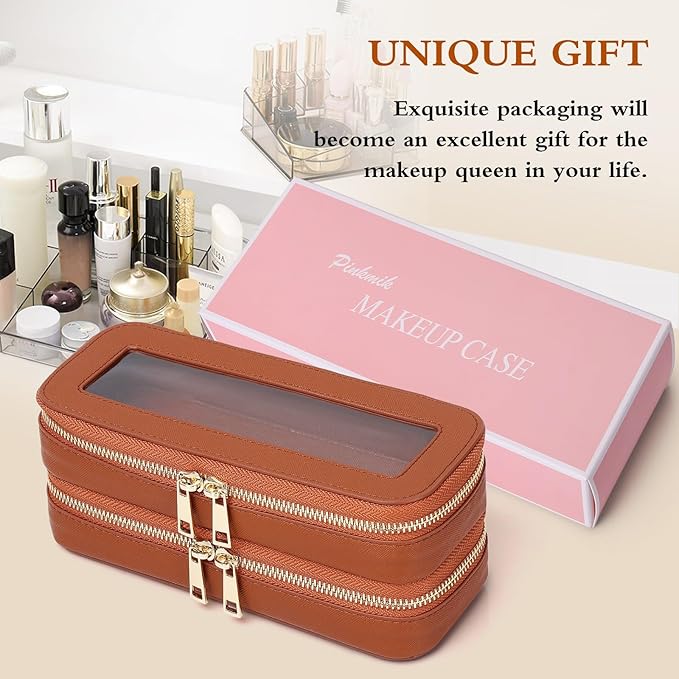 Pinkmik Double Layer Makeup Bag Makeup Brush Case Waterproof Travel Cosmetic & Toiletry Bag Purse Organizer and Car Essentials for Women (X/Brown, Double SLIM)