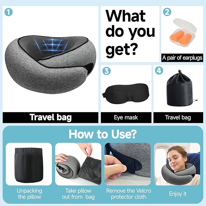 Travel Pillows for Airplanes,360° Support Stowable Travel Pillow, Neck Pillow Airplane with Memory Foam Portable Travel Neck Pillow for Traveling, Suitable for Airplanes, Offices, and Cars