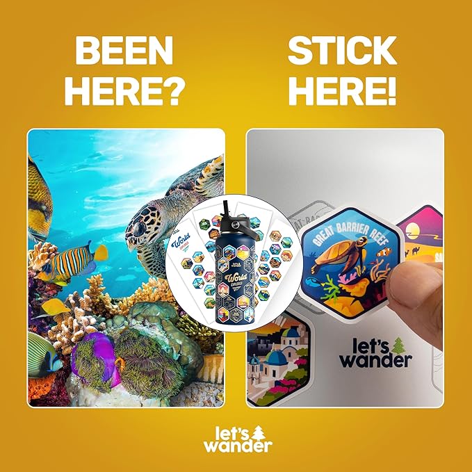 LET'S WANDER World Explorer Adventure Water Bottle with 50 Waterproof Stickers - 32oz Leakproof Insulated Stainless Steel with Straw - Travel Goal Gift Bottle (Blue)