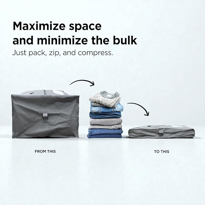 Vacuum Seal Bags for Clothing Travel - TSA Compliant Airless PacPro 48L, Carry-On Compression Packing Cubes for Luggage and Backpacks, Pump-free Air Valve (Large, Set of 2)