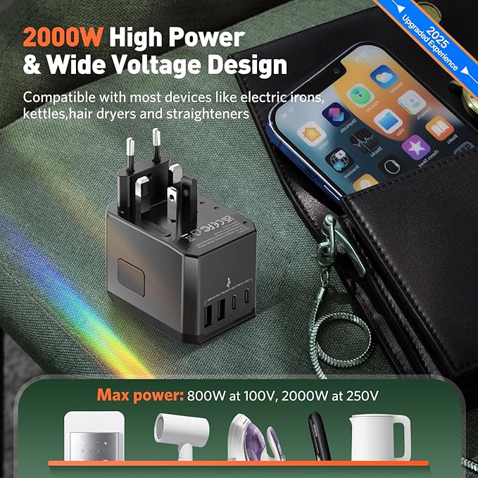 Universal Travel Adapter International Plug - European Travel Plug Adapter Worldwide US AUS EU UK Spain Germany Ireland Italy - All-in-one Travel Outlet Power Adapter with 3 USB C 2 USB A