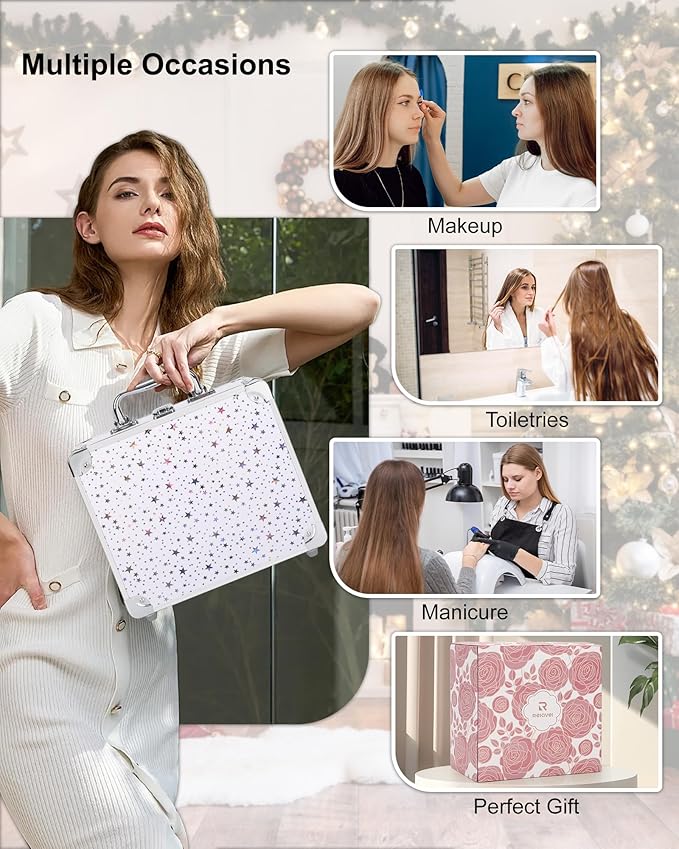 Relavel Makeup Bag with LED Mirror, Makeup Box Travel Train Case with Rechargeable Lighted Mirror, Cosmetic Brush Organizer Storage for Makeup Artists Gifts for Women and Girls, Shining Star