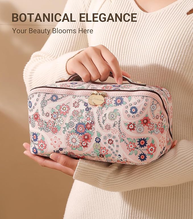 Aveniee Travel Makeup Bag for Women, Large Cosmetic Organizer with Open-Flat Design, Clear Divider & Handle - Waterproof PU Leather Toiletry Case (Floral Pattern)