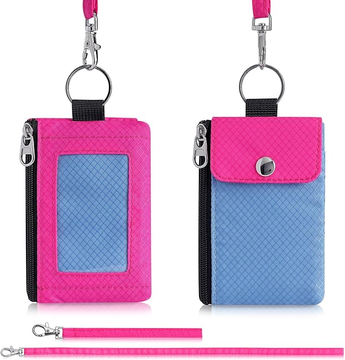 Minimalist Wallet For Mens Womens, Keychain RFID Blocking Zipper Small Wallet with ID Window 2 Lanyards,Water Resistant Travel Cash Card Coin Case Boys Girls