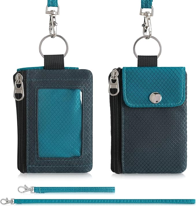 Minimalist Wallet For Mens Womens, Keychain RFID Blocking Zipper Small Wallet with ID Window 2 Lanyards,Water Resistant Travel Cash Card Coin Case Boys Girls