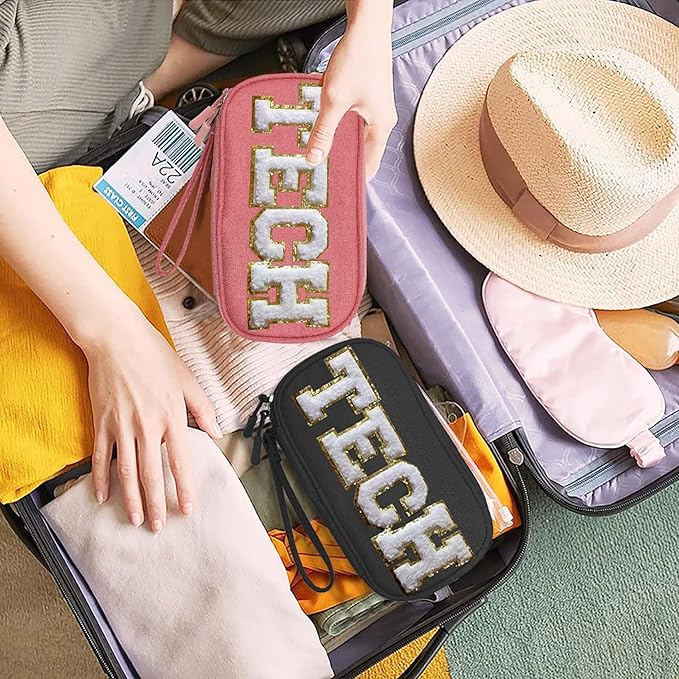 COSHAYSOO Cord Charger Organizer Travel Case Traveling Trip Gifts for Women TECH Bag Chenille Letter Pouch, Electronics Accessories Summer Camp College Dorm Essentials Must Have for Teen Girls Pink