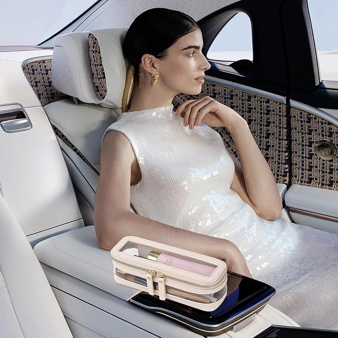 Pinkmik Makeup Brush Case Clear Travel Cosmetic & Toiletry Bag Slim Makeup Bag with Zipper Small Purse Organizer Car Essential Bag for Women (Beige, SLIM-1)