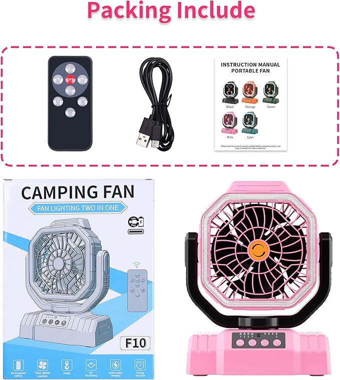 AVV 20000mAh High Speed Portable Camping Rechargeable Fan with Remote Control, Battery Powered with Auto Oscillating with Camping Essentials Accessories for Outdoor, Beach, Patio, Tent, Pink
