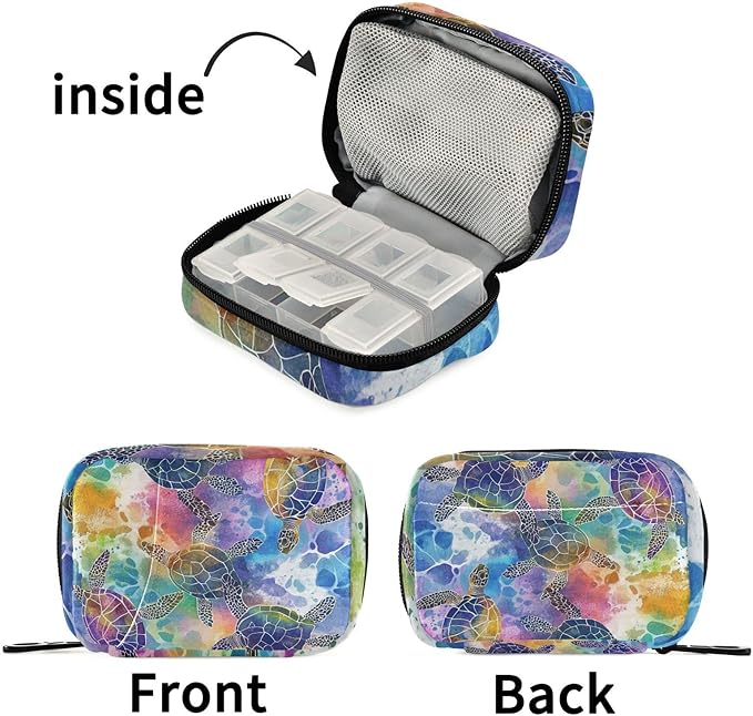 Pill Organizer Box Case Weekly Travel Pill Container Cute Pill Holder 7Day Vitamin Organizer Pill Dispenser Sorter Planner Storage Small Compact Colorful Watercolor Sea Turtles31