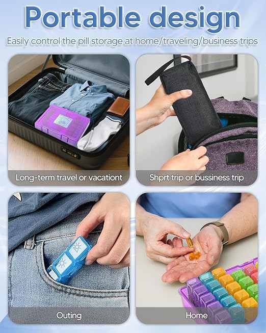 Monthly Pill Organizer 2 Times a Day, FRIWOLE Medicine Box with Portable Weekly Pill Bag, Keychain Pill Case, Pill Cutter and 2 Sticker (Purple, 2 Times a Day)