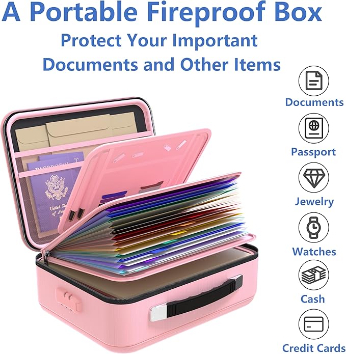 TIGERKING Fireproof Document Box Hard Case with Water-Resistant Zipper, Fireproof File Box with Lock, Document Safe Boxs for Important Documents, Certificates - Pink File Organizer
