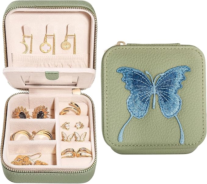 S.Leaf Travel Jewelry Organizer Boxes for Women Small Portable Necklace Earrings Bracelet Rings Travel Case Best Friend Birthday Gifts for Women Trendy (Butterfly_Fadegreen_Blue)