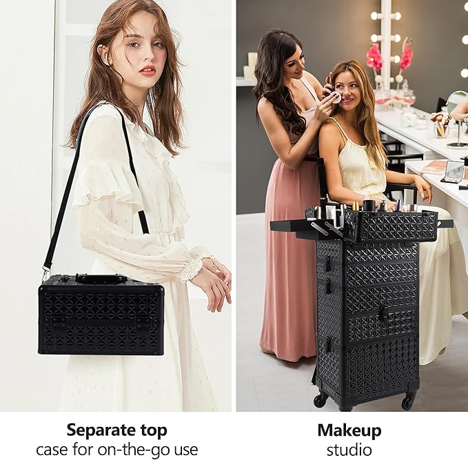 Makeup Train Case with Drawer, Rolling Makeup Case, Cosmetology Case on Wheels, Gift, Large Makeup Case Organizers, Professional for Salon Barber, Nail, Tattoo, Black