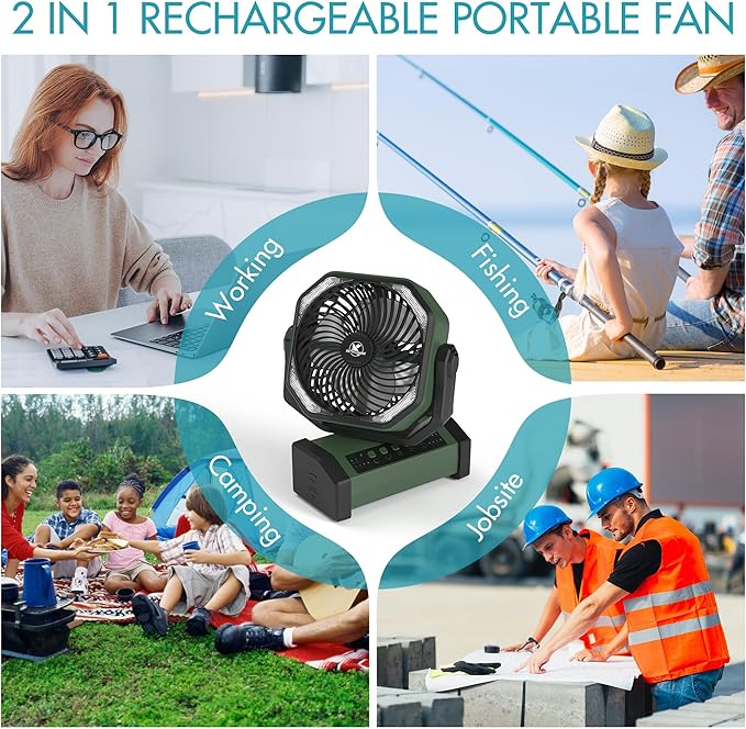KITWLEMEN Camping Fan with Light - 20000mAh Rechargeable Battery Fan, 60Hrs Max Run Time, 4 Speeds, Timer, Auto Oscillation, 270° Pivot & Hook for Camping, Power Outage, Hurricane