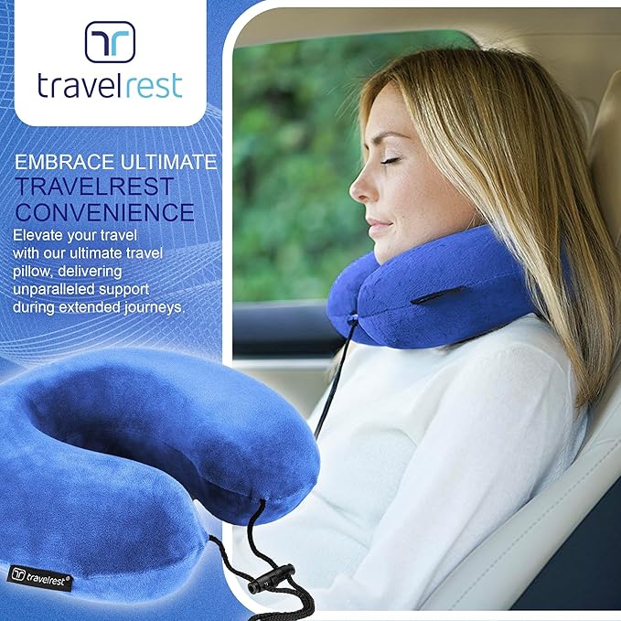 TRAVELREST Travel Essential Neck Pillow Curl - Memory Foam, Washable Micro-Fiber Cover, Soft and Comfortable Head Support for Long Flights, Compact, Attaches to Luggage, Airplanes, Cars, Bus - Blue