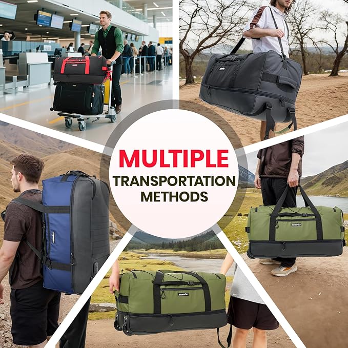 Fanwoli 30'' Large Rolling Duffle Bag with 2 Wheels - No-Sag Design for Heavy Loads, Expandable 100L-120L Duffel Wheeled Luggage with Soft Handle & Lock, Waterproof Foldable for Travel, Camping,Moving