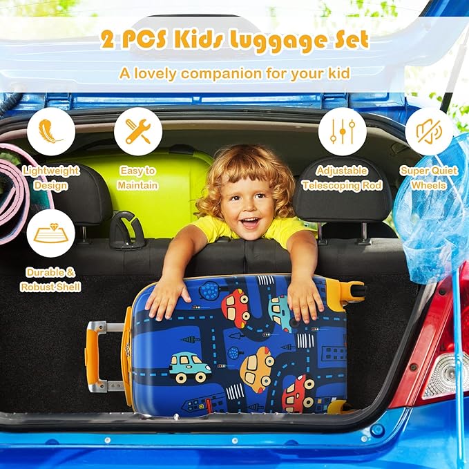 Goplus Kids Luggage Set, 12" & 18" Kids Carry On Luggage Set, Multi-directional Wheels Suitcase, Large Capacity Rolling Trolley Suitcase, Gift for Boys and Girls Toddlers Children Travel