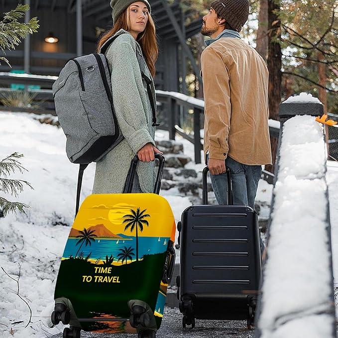 ANNA QUEEN Tropical Vacation Luggage Cover, Sunset & Beach Island Design, Stretchable, Washable Suitcase Protector for 20-34 Inch Luggage