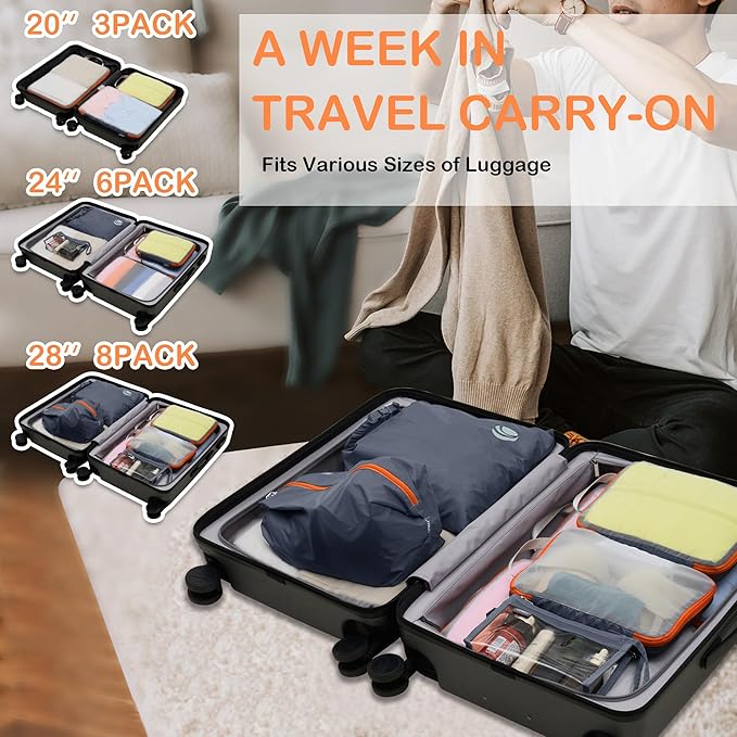 Cipway Compression Packing Cubes Mesh, Lightweight Luggage Organizer Bags with Laundry Bag, Toiletries Bag and Shoe Bag, Travel Essentials for Carry on Suitcase(8 Pcs,Grey)