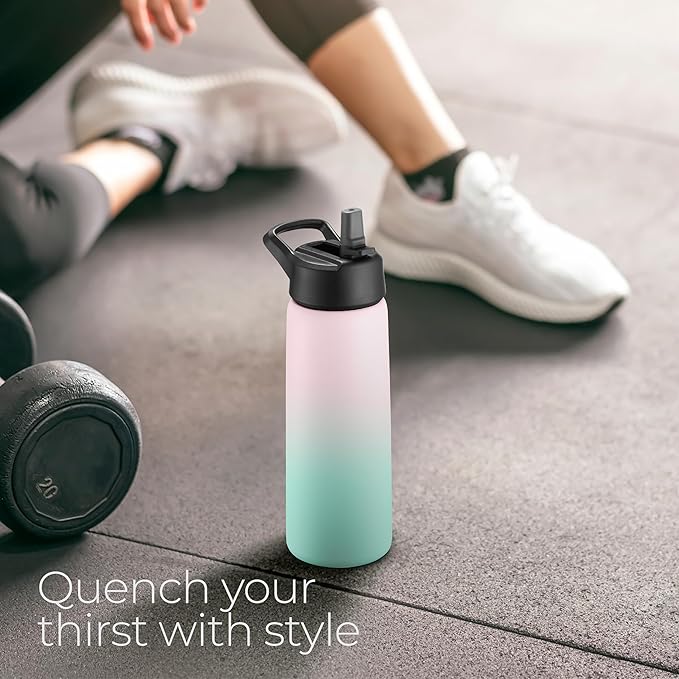 SipX™ Triple-Insulated Stainless Steel Water Bottle 25oz. With 3 Lids, BPA-Free Reusable Insulated Water Bottle Keeps Cold 24 Hours, (Gradiant Mint Pink)