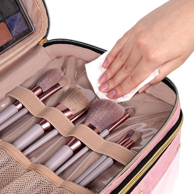 Double Layer Travel Makeup Bag for Women, Large Cosmetic Case Organizer with Makeup Brush Compartment, Portable Train Case Make Up Bag for Travel-Size