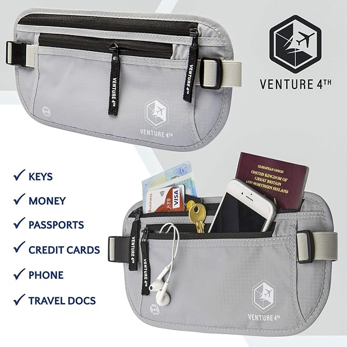 VENTURE 4TH Travel Money Belt - Slim Passport Holder RFID Blocking Travel Pouch to Protect Cash, Credit Cards and Travel Documents (Silver)