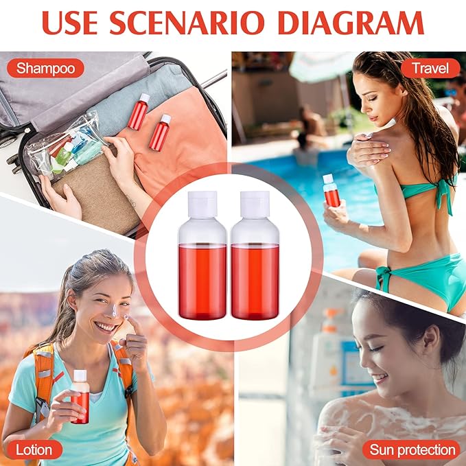 Eccliy 100 Pack 2 oz Travel Bottles Plastic Bottles with Lids Refillable Travel Size Cover Cap Plastic Liquid container for Toiletries Lotions Shampoo Creams Dispensing with 5 Funnels(Clear)