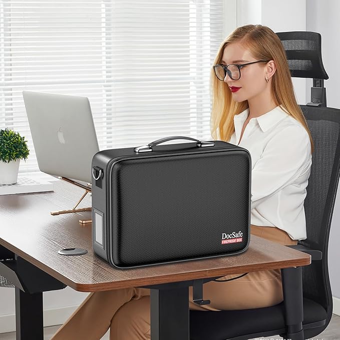 DocSafe Fireproof Document Box with Lock&Shoulder Strap, Hard-Shell Case File Organizer with Accordion File Folder, Multi-Layer Portable Home Office Travel Safe Storage for Important Documents Laptop