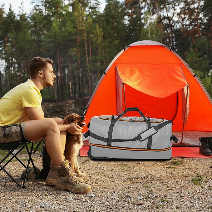 Vomgomfom 32" Soft-Sided Foldable Wheeled Travel Duffel Bag,Expandable 110L to 140L Rolling Cargo Bag with 2 Wheels and Multiple Pockets,Grey