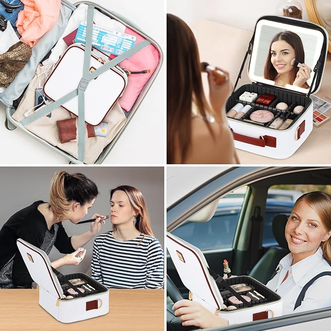 Travel Makeup Bag with Led Mirror Make up Case with Lighted Mirror Cosmetic Organizer bag with Adjustable Dividers and 5X Magnifying Mirror Makeup Box Vanity Case for Women