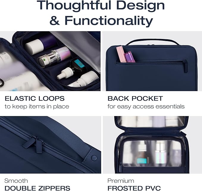 KAZAY Hanging Toiletry Bag with TSA Approved Detachable Pouch, Travel Toiletry Bag, Water Resistant, Premium Nylon, Travel Size Toiletries, Cosmetic Bag, Makeup Bag, Unisex (Navy)