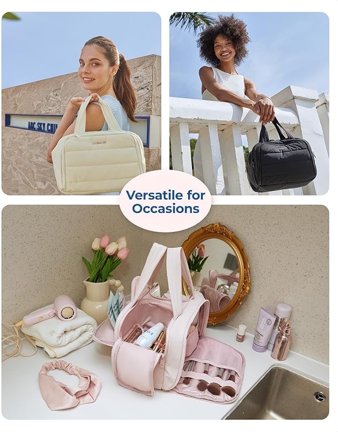 BAGSMART Travel Toiletry Bag, Crush Toiletry Bag for Women, Wide-open Puffy Toiletry Bags for Traveling, Large Travel Cosmetic Makeup Bag Organizer for Accessories,Toiletrie, Pink