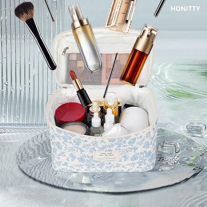 Makeup Bag,Quilted Cosmetic Bags,Large Floral Make Up Bags for Women, Makeup Organize,Flower Travel Toiletry Bag