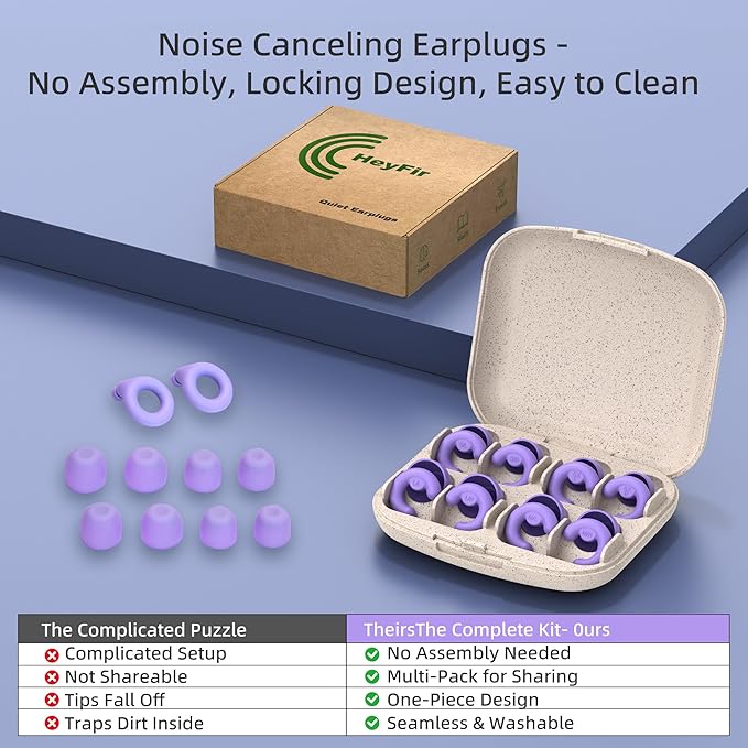 Ultra-Soft Noise Cancelling Ear Plugs, Reusable Silicone for Sleep Concerts Travel Office,33dB (NRR),Ergonomic Integrated Design Fit for Small Ear Canals Noise Sensitivity (Purple, 4 Pairs)