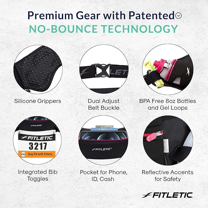 Fitletic Hydration Running Belt with Water Bottles for Men & Women – 2 Quick Flow 8oz Running Water Bottles, Patented Bounce Free Design, Water Resistant Pouch Fits All Phones – Hydra 16