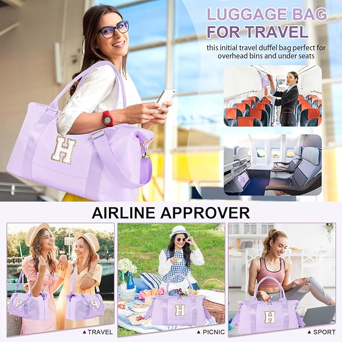 Dance Gym Duffel Bag for Teen Girls, Personalized Initial Travel Weekender Bag,Cute Overnight Carry On Duffle for Women,Sports Travel Cheer Bag,Monogram Christmas Gifts for Tween Preppy(purple-H)