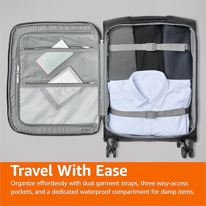 Amazon Basics 20" Luggage, Softside Suitcase With TSA Lock, 8 Spinner Wheels, Front Exterior Pocket, 3 Interior Pockets For Dry and Damp Clothes/Towels Separately, Black