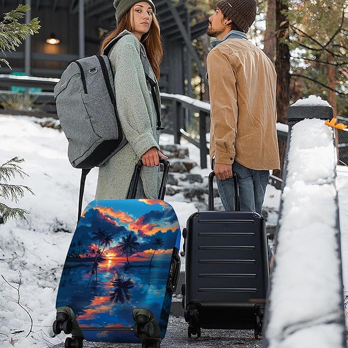 ANNA QUEEN Tropical Sunset Luggage Cover, Vibrant Beach & Palm Tree Design, Stretchable Washable Suitcase Protector for 28–30 Inch Travel Luggage