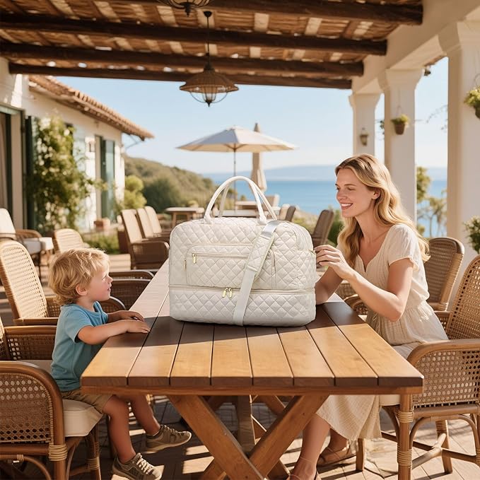 50L Large Travel Duffle Bag for Women, Weekender Overnight Bag W/Shoe Compartment+Wet Pocket+Toiletry Bag TSA Approved, Beige