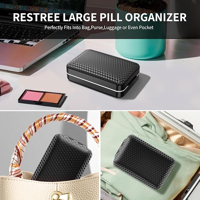 Restree Weekly Pill Organizer, Magnetic Moisture Proof Pill Case, Large Capacity Travel Pill Box with Inner Clear Lid for Vitamins, Supplements, and Daily Medications 8 Compartment (Black)