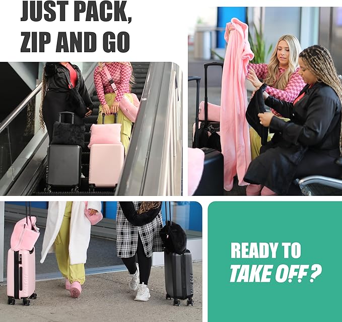 TAKE Off Travel Pillow and Blanket Set with Water Bottle Pockets and Zippered Storage for Travel Essentials – Compact Fleece Throw in a Soft Pillow Case with Luggage Sleeve. Fits 3 Days of Clothes