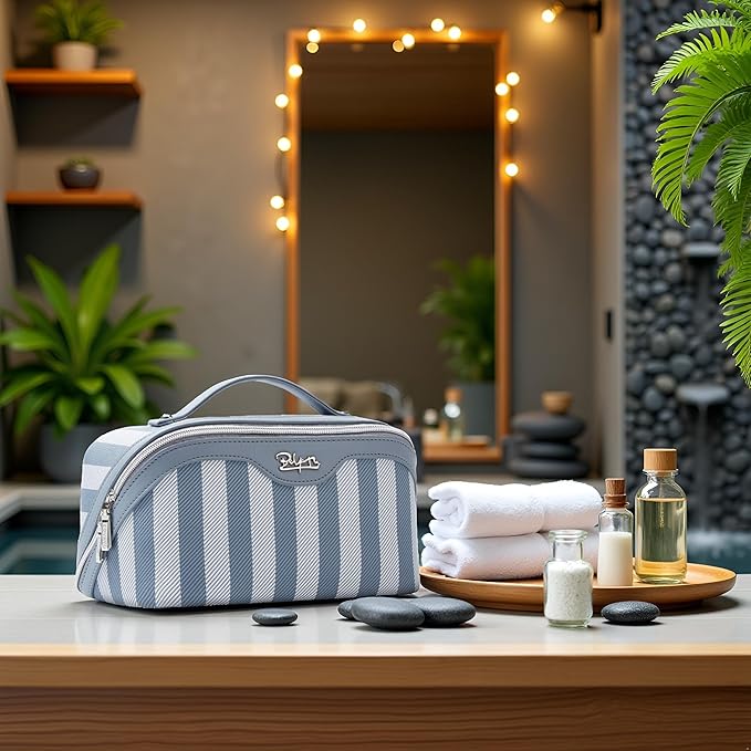 BOYATU Travel Makeup Bag for Women: Large Cosmetic Bag Set of 3 - PU Leather Make up Bag with Compartments - Compact Waterproof Toiletry Bag with Divider & Handle (B-2-Blue)