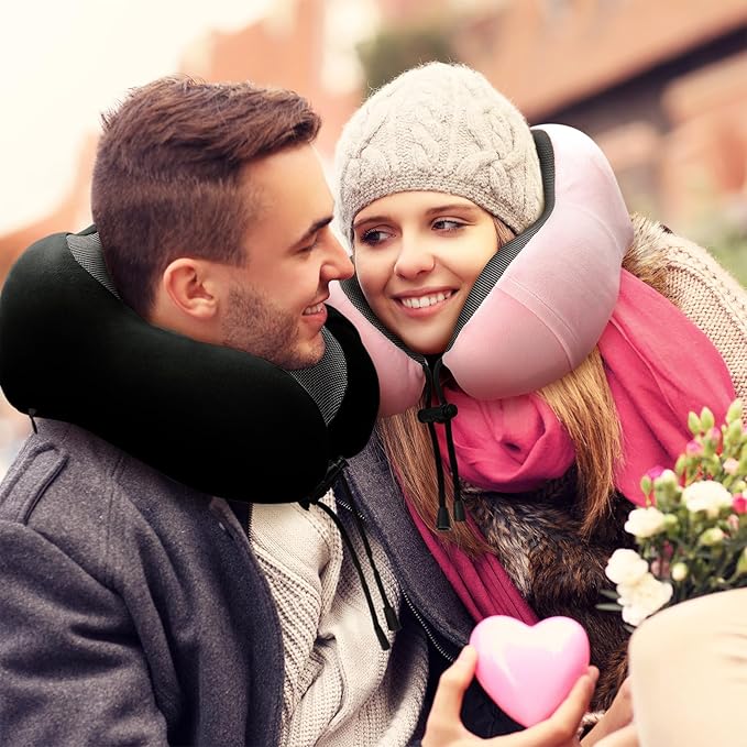 Neck Pillow Airplane-2 Pack Memory Foam Travel Pillow, Soft Support Travel Neck Pillow for Travelling, Sleeping Rest, Car, Train and Home Use (Black&Pink)