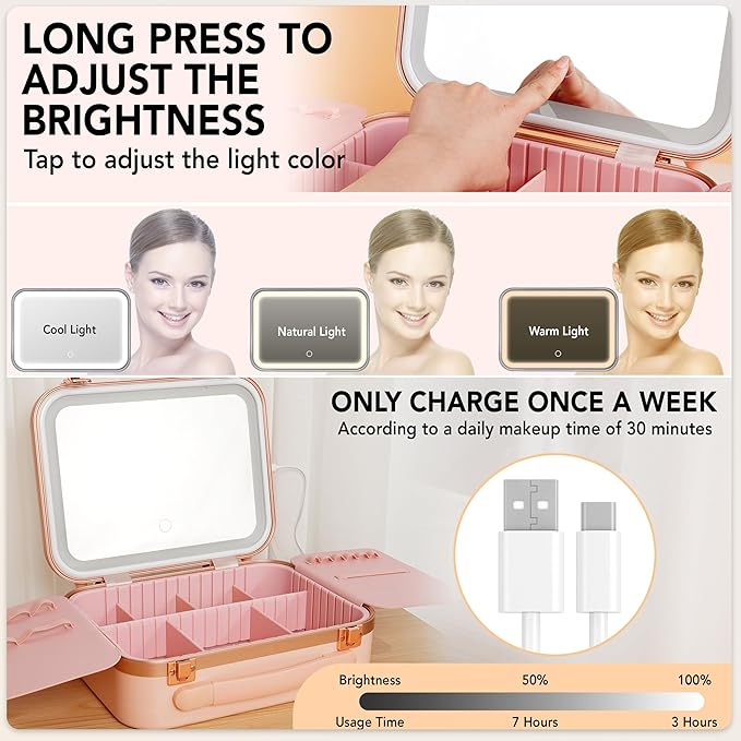 Lighted Makeup Case with Mirror - Standard Size 11.4" x 9" - Travel Makeup Case With Mirror - Rechargeable LED Travel Vanity Case with Adjustable Brightness - Train Case Makeup Bag - Pink