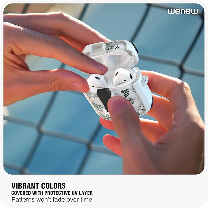 WENEW Case for AirPods 1 & 2Case Cover Secure Lock Automatic Snap Switch Clip Cleaner Kit Lanyard Women Stylish Flower Armour Hard Shell Full Body (Green, AirPods 1st & 2nd)