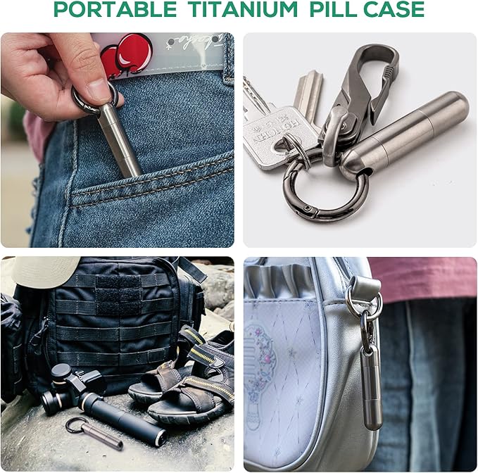 TISUR Small Keychain Pill Holder, Titanium Pill Case Waterproof Pill Fob for Travel Purse Pocket Pill Container Box,Small Pill Organizer